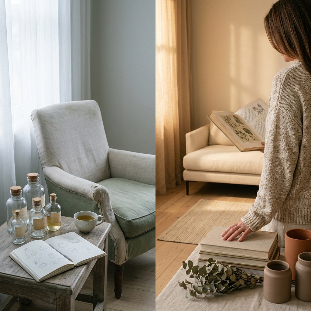Two life stages of a woman's midlife hormonal transition, shown through shifting natural light across a calm room