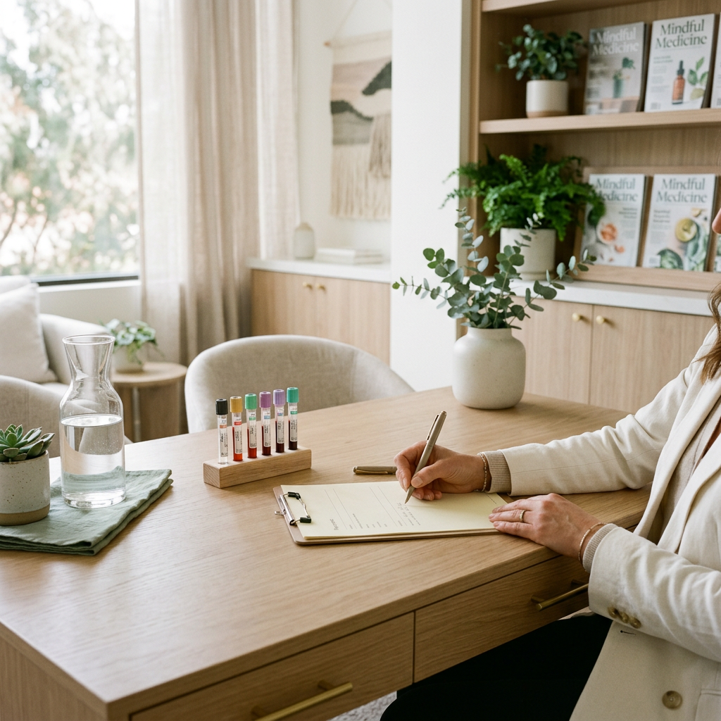 A calm physician consultation setting with a hormone test panel on a clean clinical desk