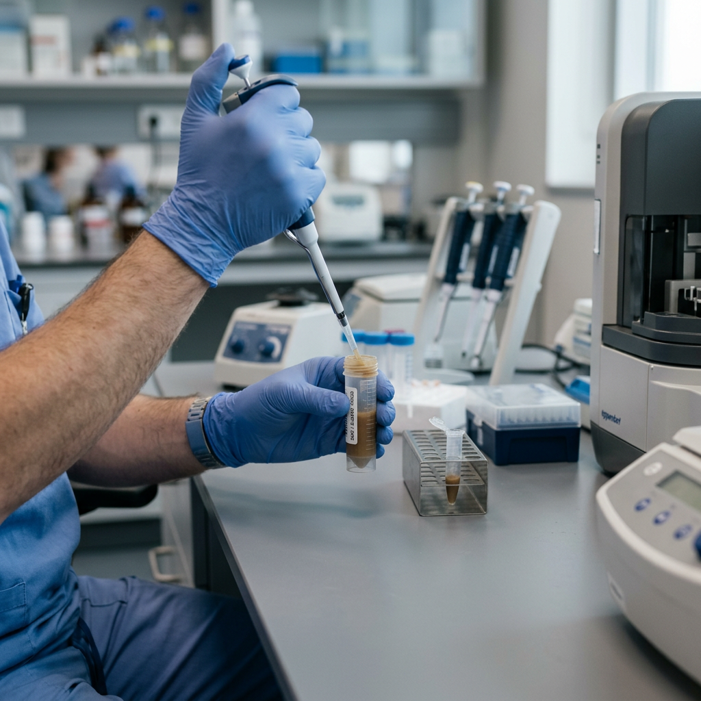 Laboratory analysis of a stool sample vial as part of gut microbiome sequencing