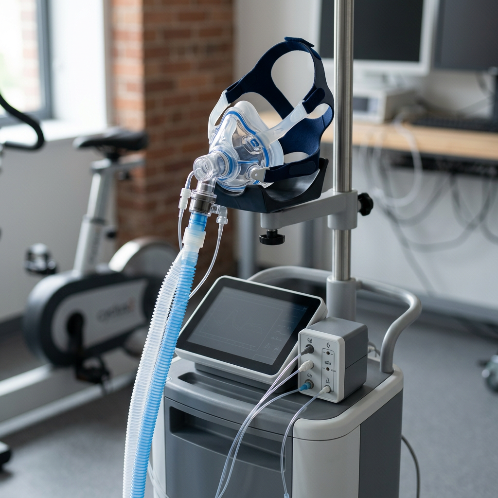 Cardiopulmonary exercise testing equipment used to directly measure VO2 max through gas exchange analysis