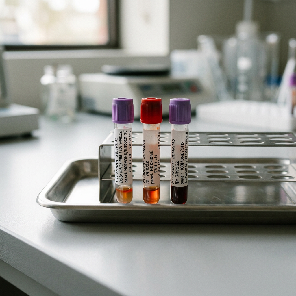 Labeled blood test vials for a hormone panel on a clean lab tray