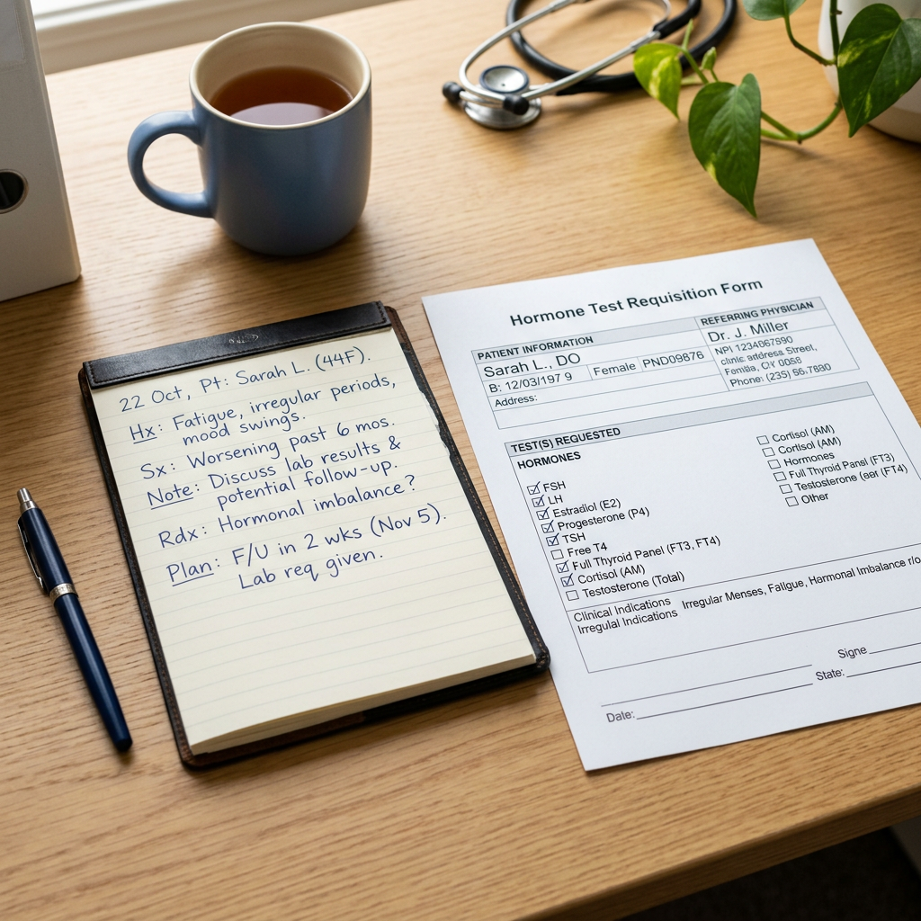 A physician's notepad and hormone test requisition form on a clean desk