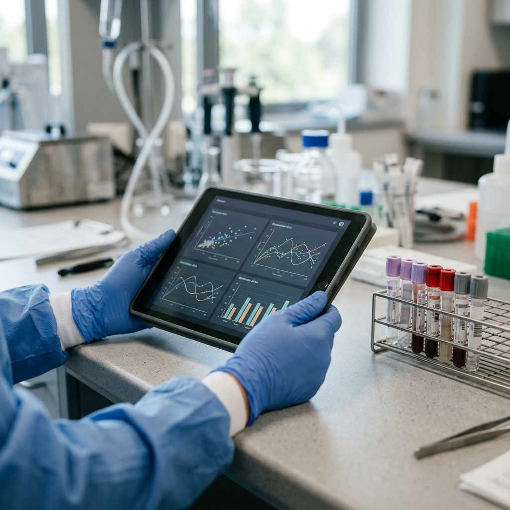 A lab technician's hands holding a tablet with biomarker data next to blood test vials