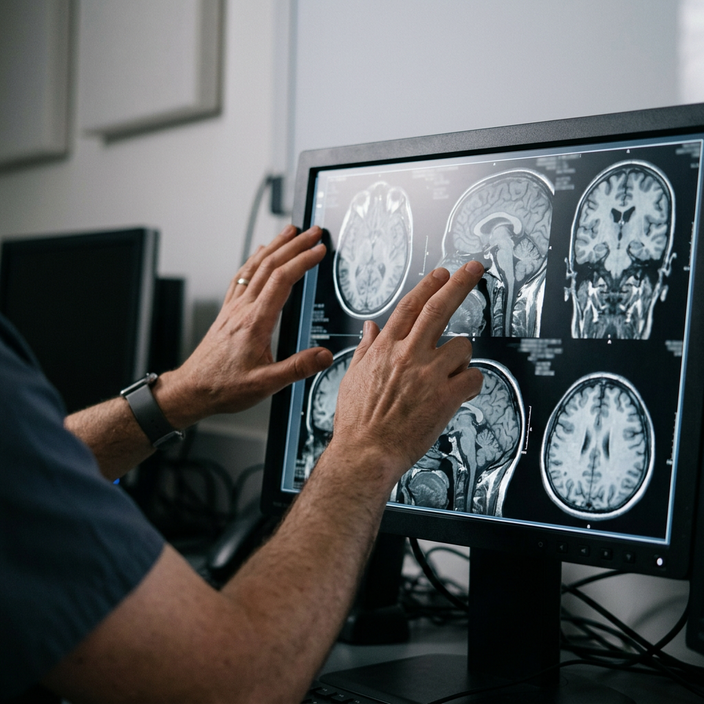 A radiologist's hands reviewing MRI scan images on a viewing screen