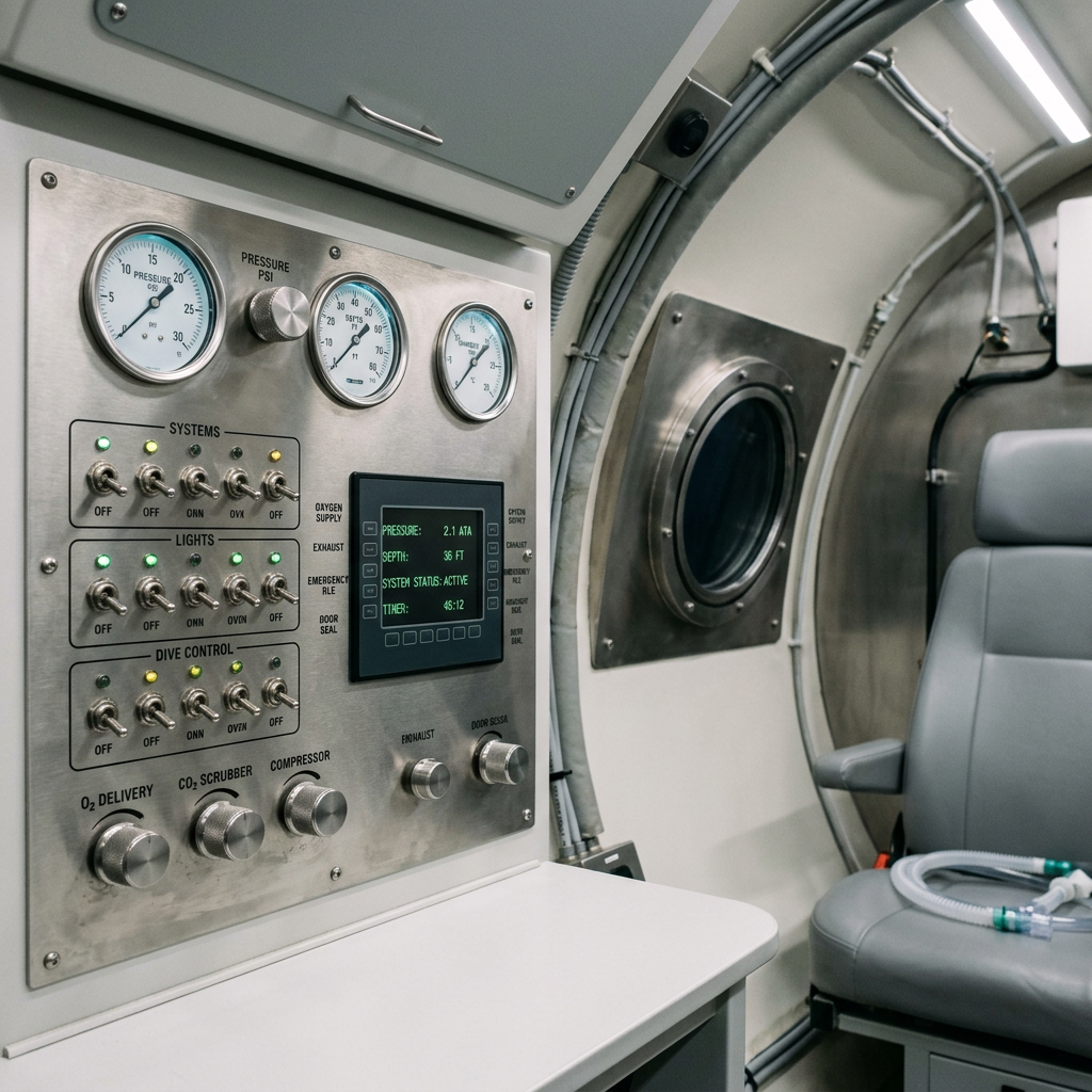 Interior of a modern hyperbaric oxygen chamber with control panel details